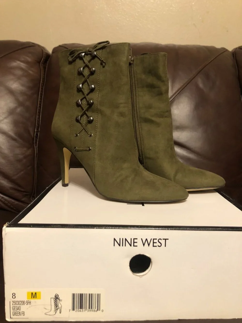 Nine West Gesao Olive Green Faux Suede Lace-Up Heeled Ankle Booties Size 8